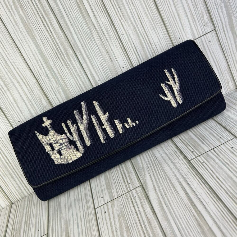Vintage 1940s/50s Clutch Bag Purse Navy Blue Cotton Canvas Cactus Art Leather